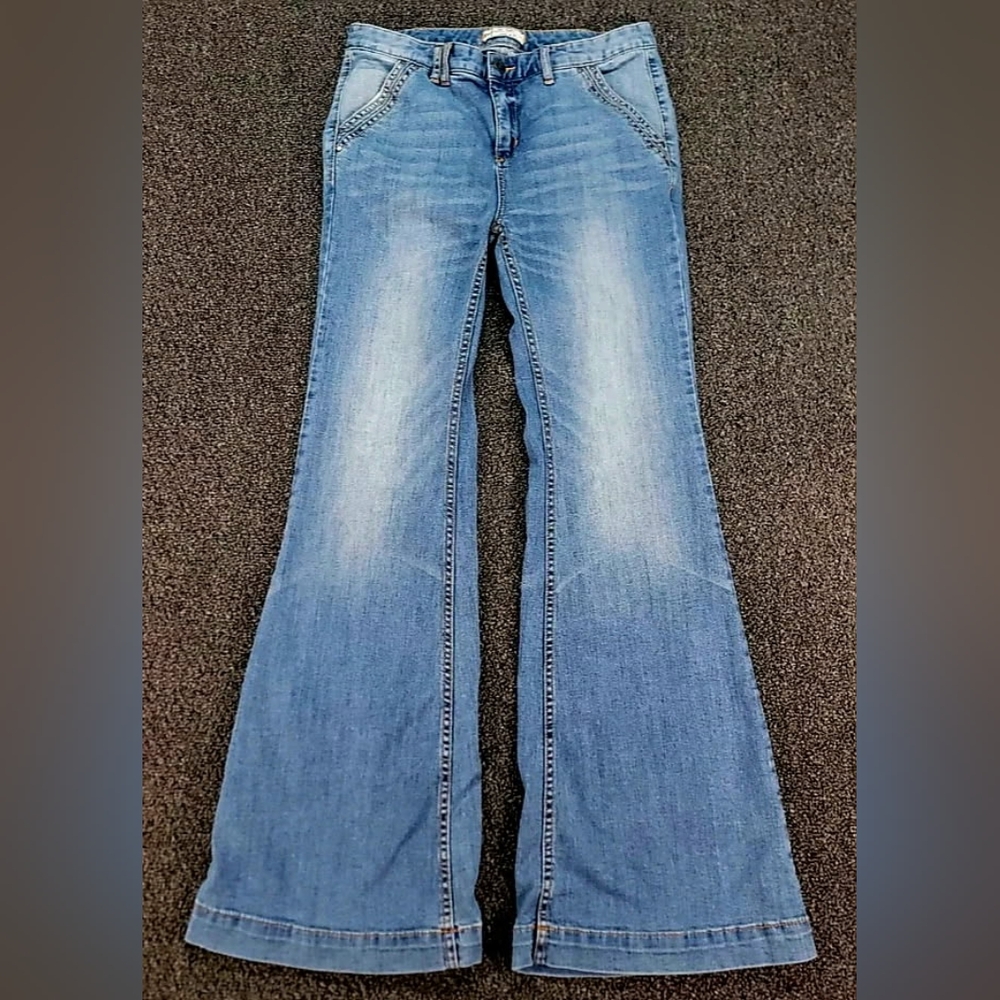Free People Jeans Womens 30 Blue Mid Rise Be/l Bottom Flare E Stretch Whiskered